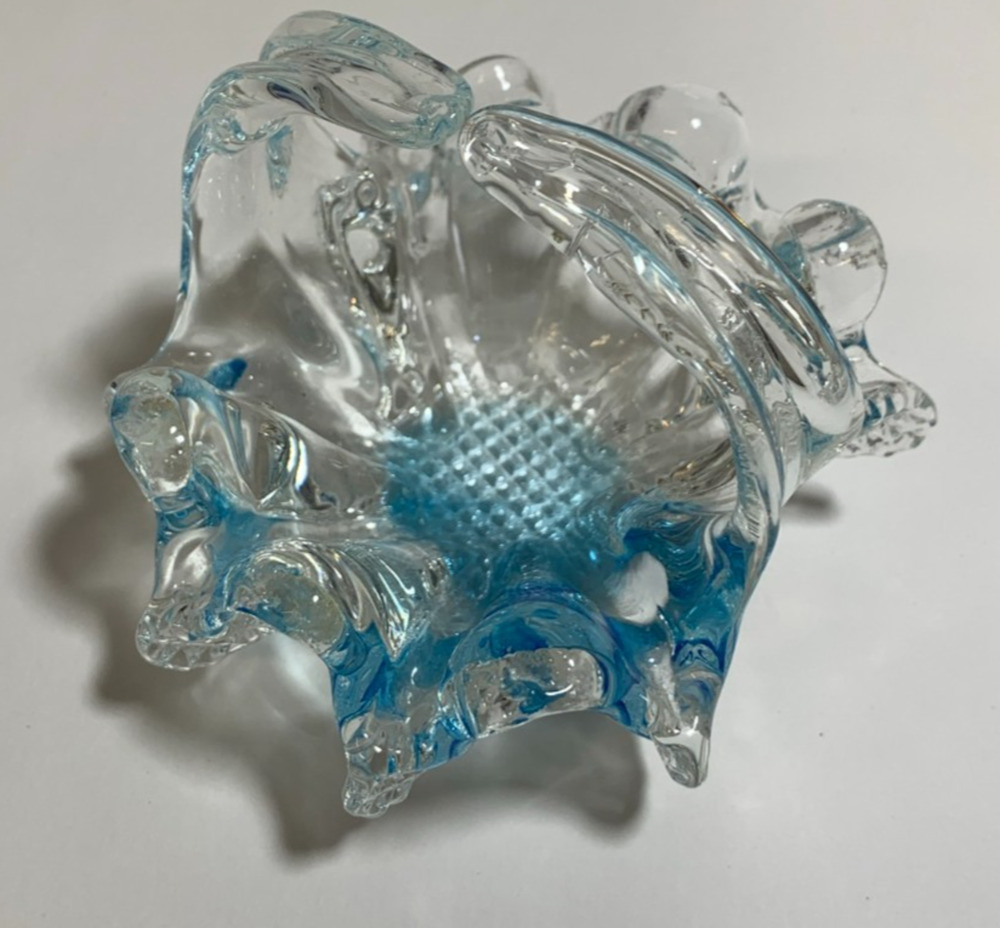 Vintage Chalet Art Glass Blue Basket Whimsy Split Handle Diamond Texture Base